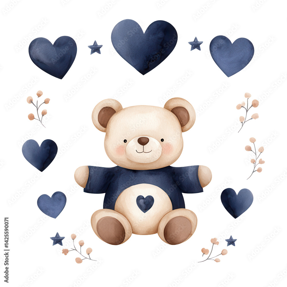 Obraz premium Cute teddy bear surrounded by hearts and floral decorations. isolated against a transparent background.