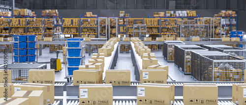 Canvastavla Cardboard boxes moving on automated conveyor belt system in a modern distributio