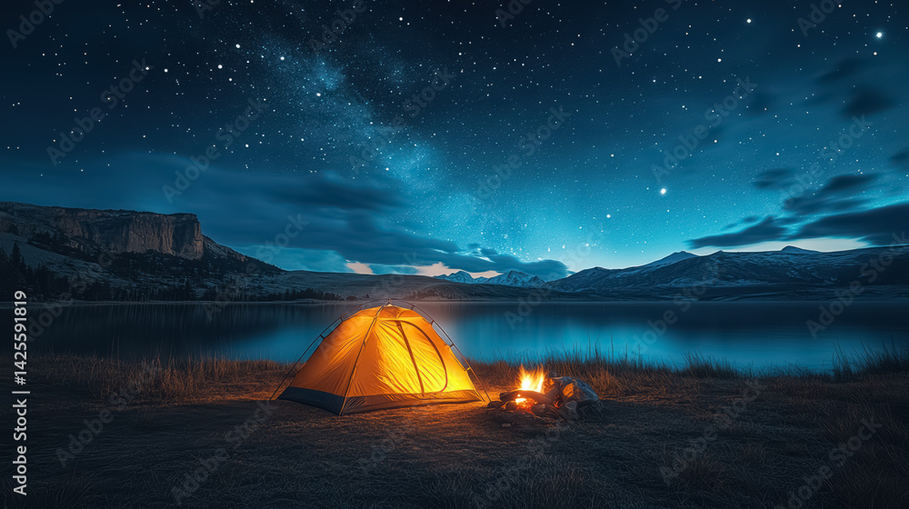 A tent near a campfire outside in the mountains