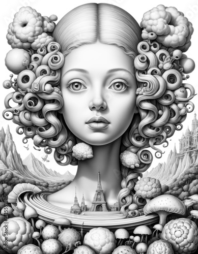 Surreal Portrait Coloring Page Illustration

