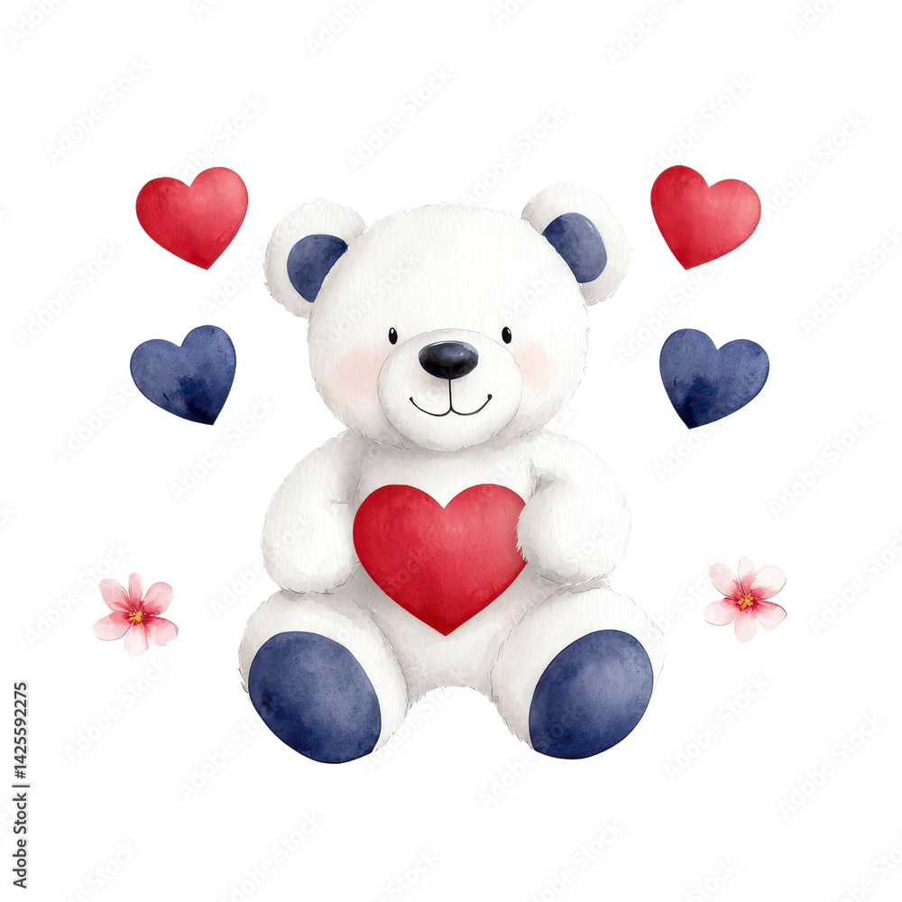 Obraz premium Cute teddy bear with hearts, perfect for love and affection themes. isolated against a transparent background.