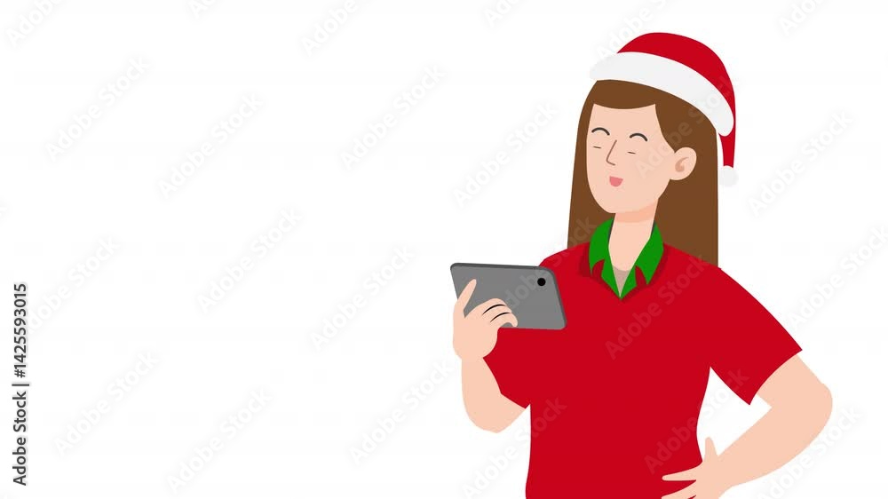 A woman is talking on the phone Wearing a Christmas costume, wearing a red shirt cartoon animation
A woman is talking on the phone Wearing a Christmas costume, wearing a red shirt cartoon animation