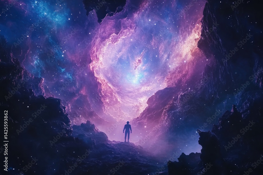 Fototapeta premium Cosmic exploration journey of a lone astronaut in a vibrant nebula landscape