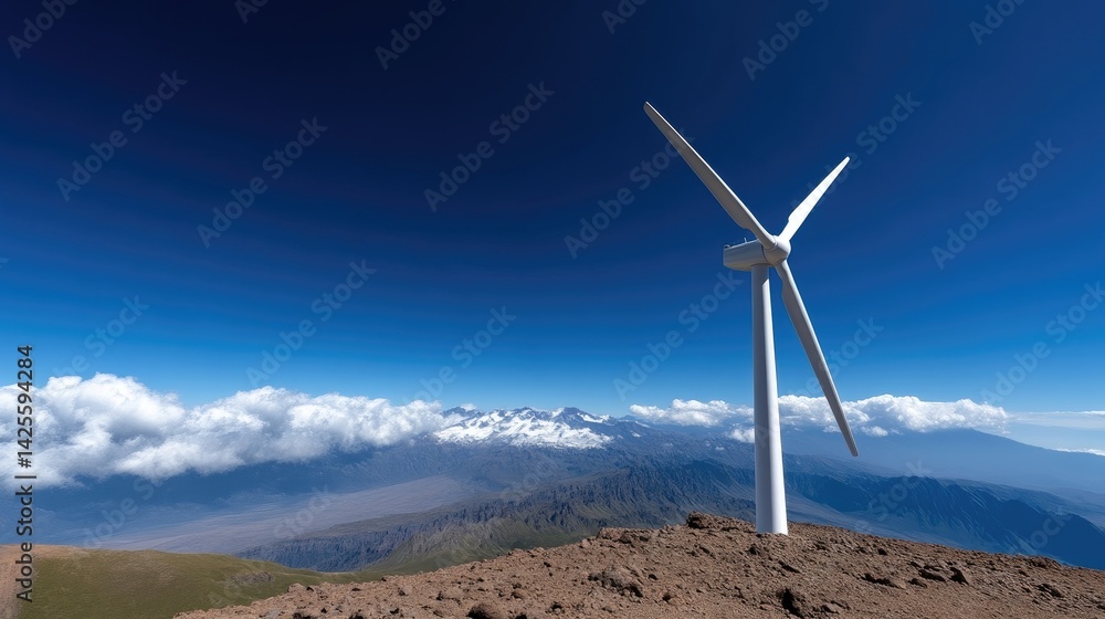 High-altitude wind turbine atop a mountain range. Vast landscape with a clear blue sky and puffy clouds High-altitude wind turbine atop a mountain range. Vast landscape with a clear blue sky and puffy clouds