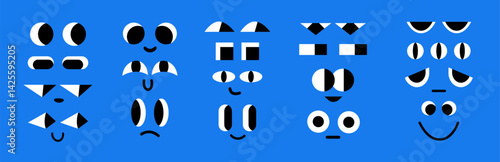 Abstract cartoon eyes and mouths muzzle in flat style. Collection of kids funny face elements. Geometric crazy eye