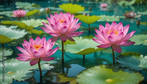 Close-Up of Pink Lotus Flowers Blooming on a Pond with Green Lily Pads in a Tranquil and Serene Natural Environment