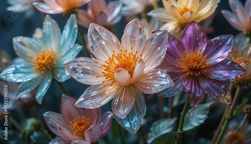 3D Wallpaper Featuring Transparent Glass Flowers in Soft Pastel Colors with Detailed Petals for Elegant and Artistic Floral Backgrounds