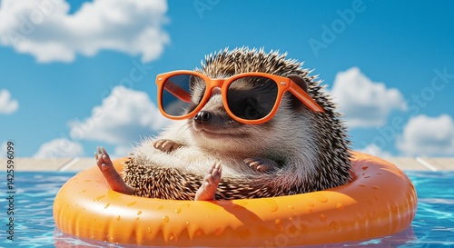A hedgehog relaxing in the pool with sunglasses. It's floating on an inflatable ring and enjoying the sunny day.