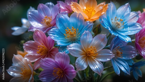 3D Wallpaper of Colorful Transparent Glass Flowers in Blue, Purple, and Orange Tones for Artistic and Elegant Floral Backgrounds