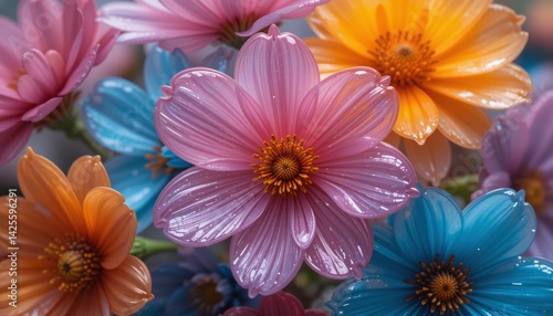 3D Wallpaper of Vibrant Transparent Glass Flowers in Bright Colors for Elegant and Artistic Floral Decorative Backgrounds