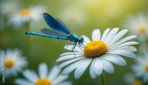 Close-Up of a Blue Dragonfly Resting on a White Daisy Flower in a Sunny Meadow for Nature and Wildlife Concepts