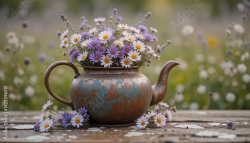 Vintage Rustic Teapot Overflowing with Purple and White Wildflowers Set on Weathered Wooden Table in a Serene Blooming Meadow