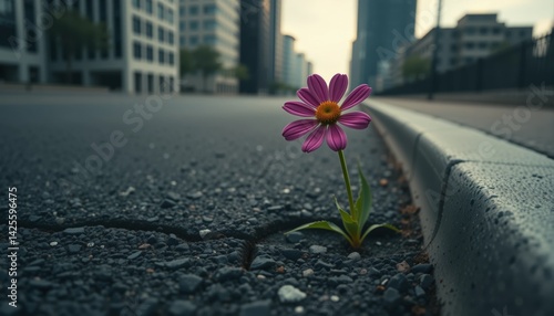 Resilient Purple Flower Growing Through Asphalt Crack on Urban Street Symbolizing Strength and Hope in Nature