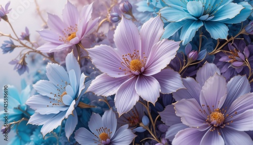3D Wallpaper of Pastel Purple and Blue-Green Flowers with Gold-Edged Petals for Elegant Floral and Decorative Backgrounds