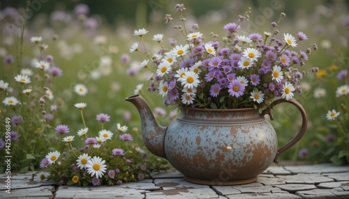 Rustic Teapot Filled with Purple and White Wildflowers Set in a Blooming Field for Vintage, Nature, and Floral Beauty Concepts