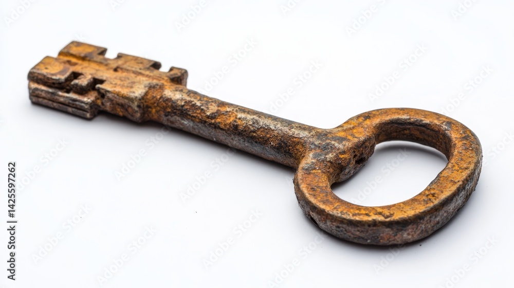 Obraz premium Close-up of old rusty iron key isolated on white background in horizontal view.
