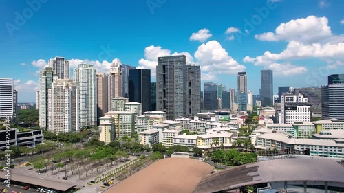 Taguig, Metro Manila: Apr 17, 2025 — Aerial flyby of Bonifacio Global City skyline showing dense modern towers and urban layout.