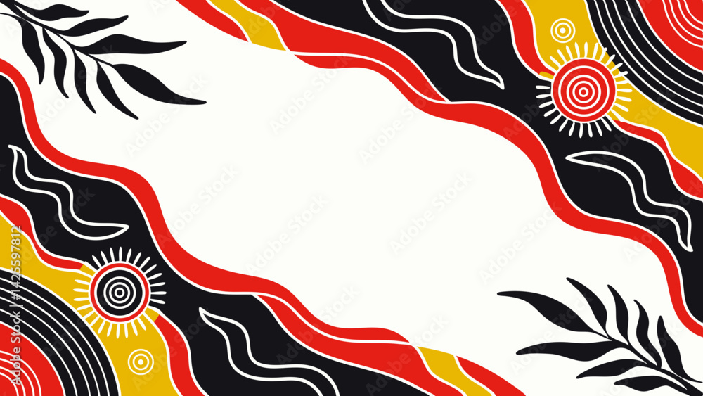 Fototapeta premium Vibrant abstract design featuring flowing red, black, and yellow patterns with decorative sun and leaf motifs, ideal for creative and artistic projects.