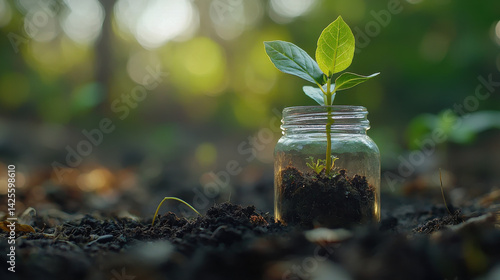 Wallpaper Mural young plant growing in glass jar filled with soil outdoors Torontodigital.ca