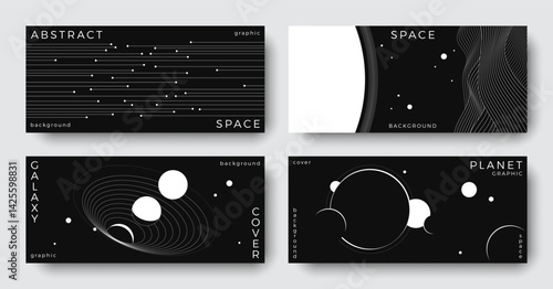 Set of abstract space astronomy horizontal backgrounds. Line art galaxy, universe, planet, solar system. Science future concept. Cosmic minimal design for cover, poster, ads, banner, flyer, brochure
