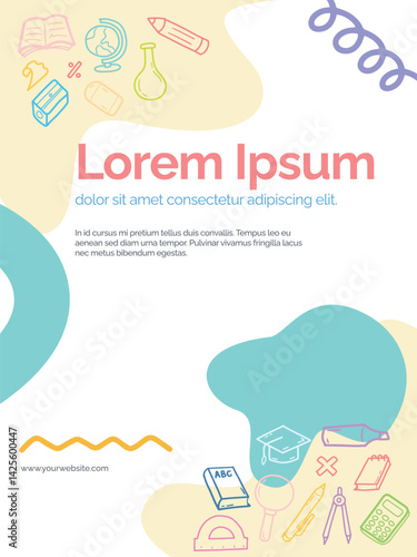 Flyer or Banner template with Stationery theme. With doodle style. For layout, website, graphic design.