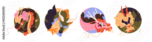 Set of round avatars of fantasy Chinese dragons. Portraits of mystic asian monsters in circle shape. Heads of imaginary oriental beasts, mascots. Flat isolated vector illustrations on white background