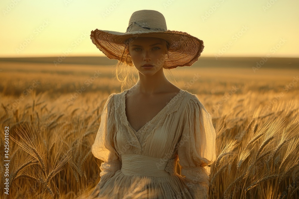 Obraz premium A woman in a straw hat and flowing dress stands in a golden wheat field at sunset.