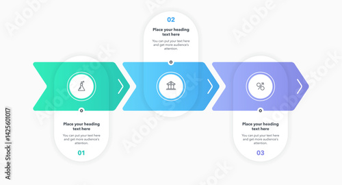 Arrow infographic process template with three colorful steps. Graphic diagram with numbers and icons for workflow layout, banner or web design.