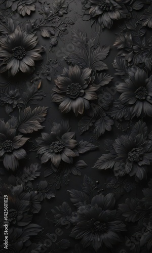 Deep black floral wallpaper with embossed texture, luxurious feel , gothic, interior, sophisticated