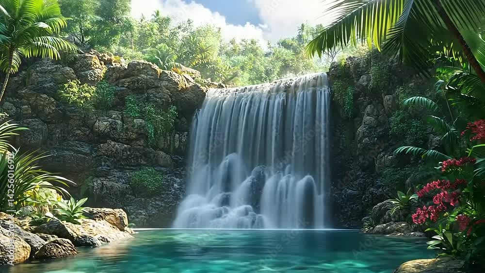 Serene waterfall cascading into a tranquil pool surrounded by lush greenery and vibrant flowers Serene waterfall cascading into a tranquil pool surrounded by lush greenery and vibrant flowers