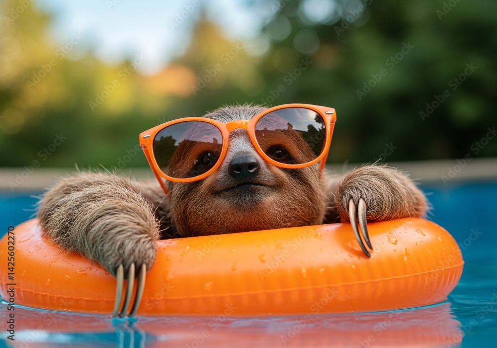 Fototapeta premium A sloth relaxing in a pool with sunglasses on, embodying the essence of chill and leisure