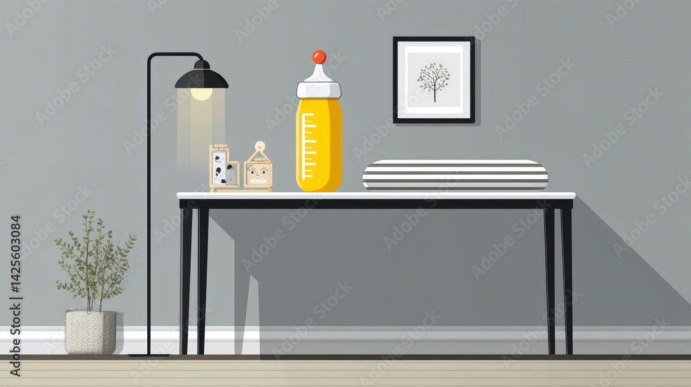 Baby Bottle and Decor on Table in Neutral Nursery Setting Baby Bottle and Decor on Table in Neutral Nursery Setting