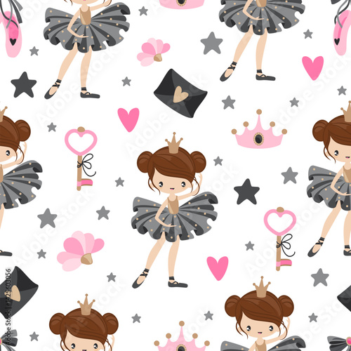 Seamless pattern with ballerina girls and romantic elements. Printing on textiles and wrapping paper.