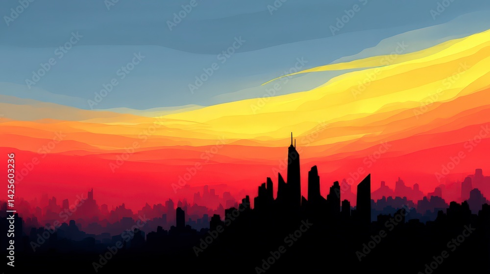 Obraz premium Vibrant Sunrise Cityscape Modern Architecture Silhouette at Dawn
