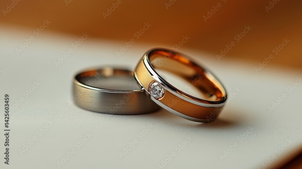 A couple selecting diamond wedding bands, emphasizing romantic symbolism, A couple selecting diamond wedding bands, emphasizing romantic symbolism,