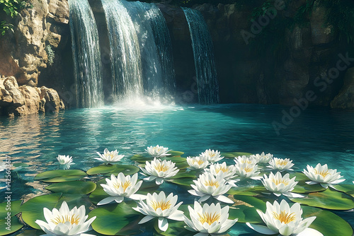 Fototapeta Naklejka Na Ścianę i Meble -  Majestic waterfall cascading into a tranquil lily pond.