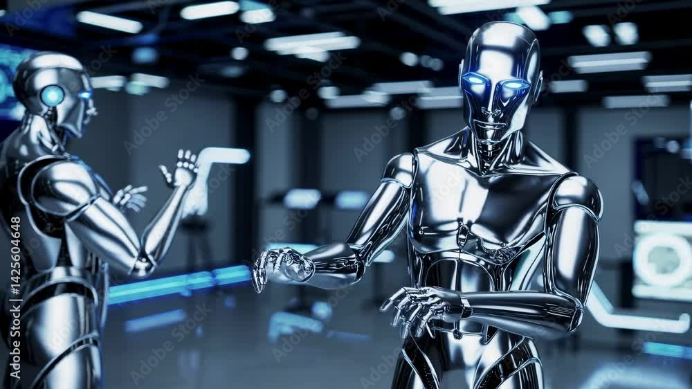 Futuristic video scene with two humanoid robots in a sleek, metallic environment. Side angle captures their interaction in a high-tech setting. Futuristic video scene with two humanoid robots in a sleek, metallic environment. Side angle captures their interaction in a high-tech setting.