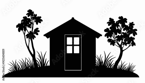 Silhouette of garden shed with trees, summer house setup
