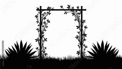 Silhouette of trellis installation surrounded by plants, summer decor