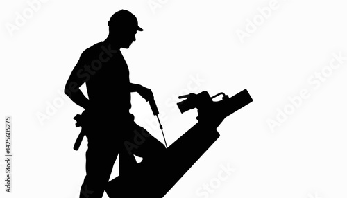 Silhouette of construction worker using a drill against white background, home renovation