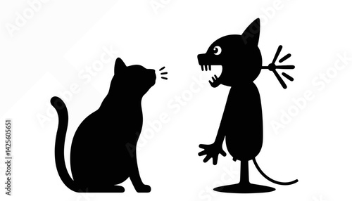 Silhouette of cat and playful character meowing, April Fools' fun