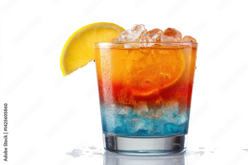 Layered Summer Cocktail: Vibrant Orange, Red, and Blue Layered Summer Cocktail: Vibrant Orange, Red, and Blue