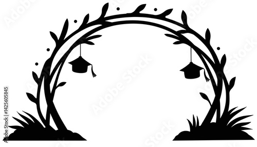 Decorative graduation archway silhouette with caps, celebration theme