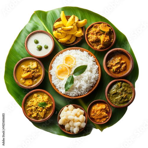 Happy Onam, an Indian festival, Kerala Onam - Sadya served on banana leaves isolated on a transparent background. Onam Vishu Pongal Diwali festival vegetarian food Kerala Tamil Nadu South India. PNG