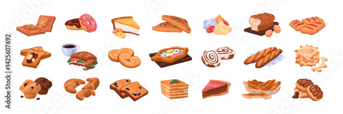 Set of bakery. Tasty pastry, fresh baked goods: French croissant, delicious donuts, flaky buns. Flour desserts, food: cakes, cupcakes, baguettes. Flat isolated vector illustrations on white background