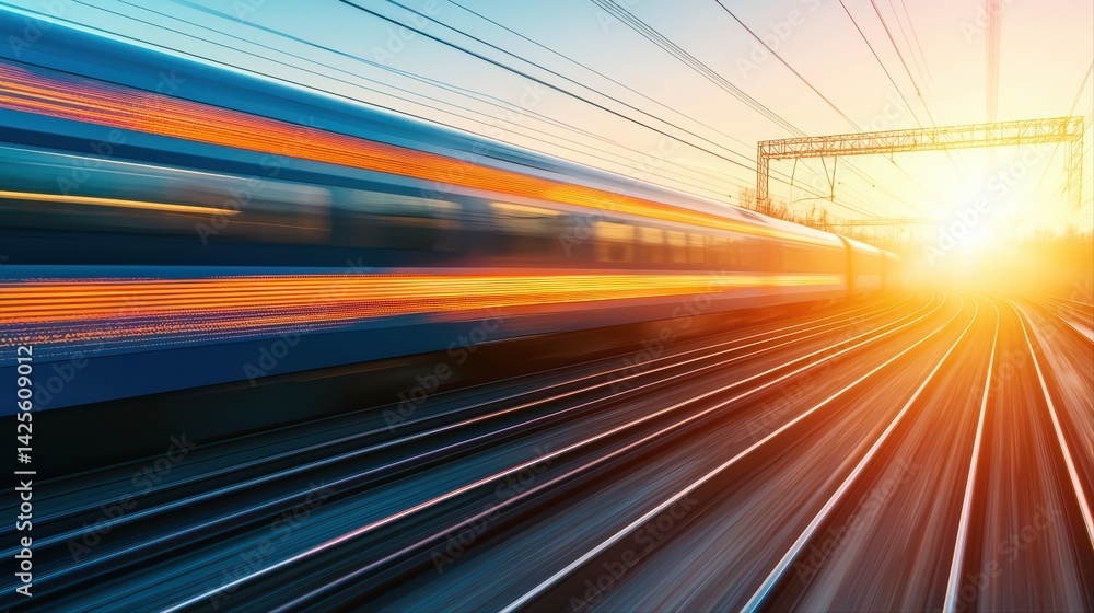 Dynamic Motion of a Train Speeding Along Tracks at Sunrise Dynamic Motion of a Train Speeding Along Tracks at Sunrise