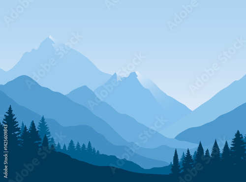 Silhouetted mountain landscape, fog  a mountain range with forest