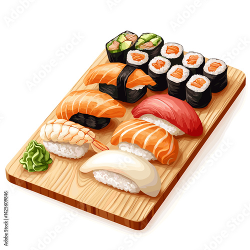 Top-Down Wooden Sushi Board with Nigiri and Rolls