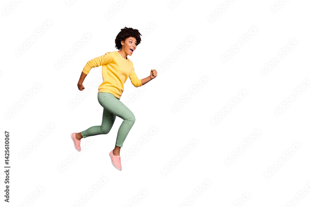 Full size profile side photo of crazy funky afro american girl jump hurry after spring discounts move fast feel carefree expression wear casual style outfit isolated violet purple color background Full size profile side photo of crazy funky afro american girl jump hurry after spring discounts move fast feel carefree expression wear casual style outfit isolated violet purple color background
