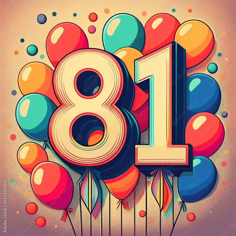 Obraz premium Number 81 with balloons. Retro style illustration for eighty-first birthday or anniversary